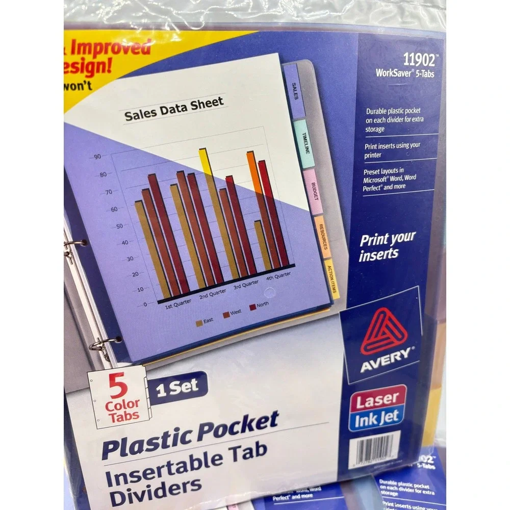 Avery 11902 WorkSaver Plastic Pocket‎ Insertable Tab Dividers 5-Tab 6 Sets New